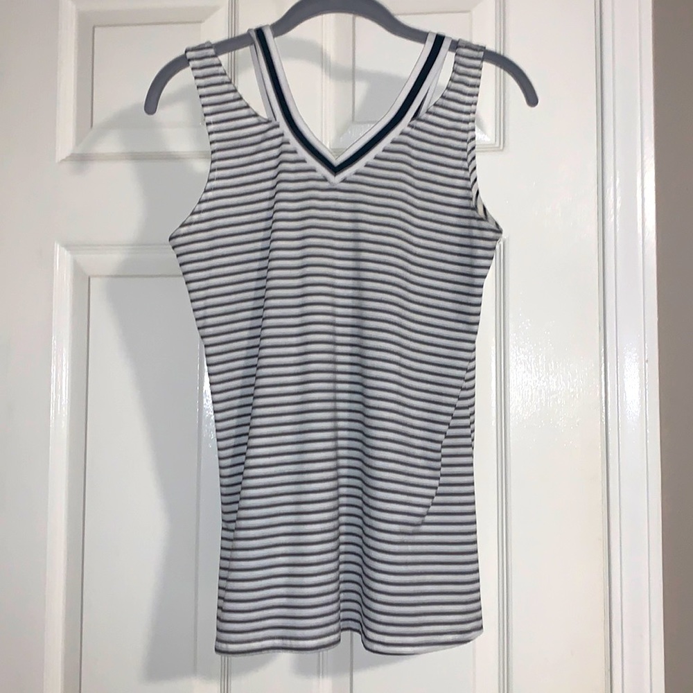 NWOT V cut, black & white striped sleeveless shirt. Size Small